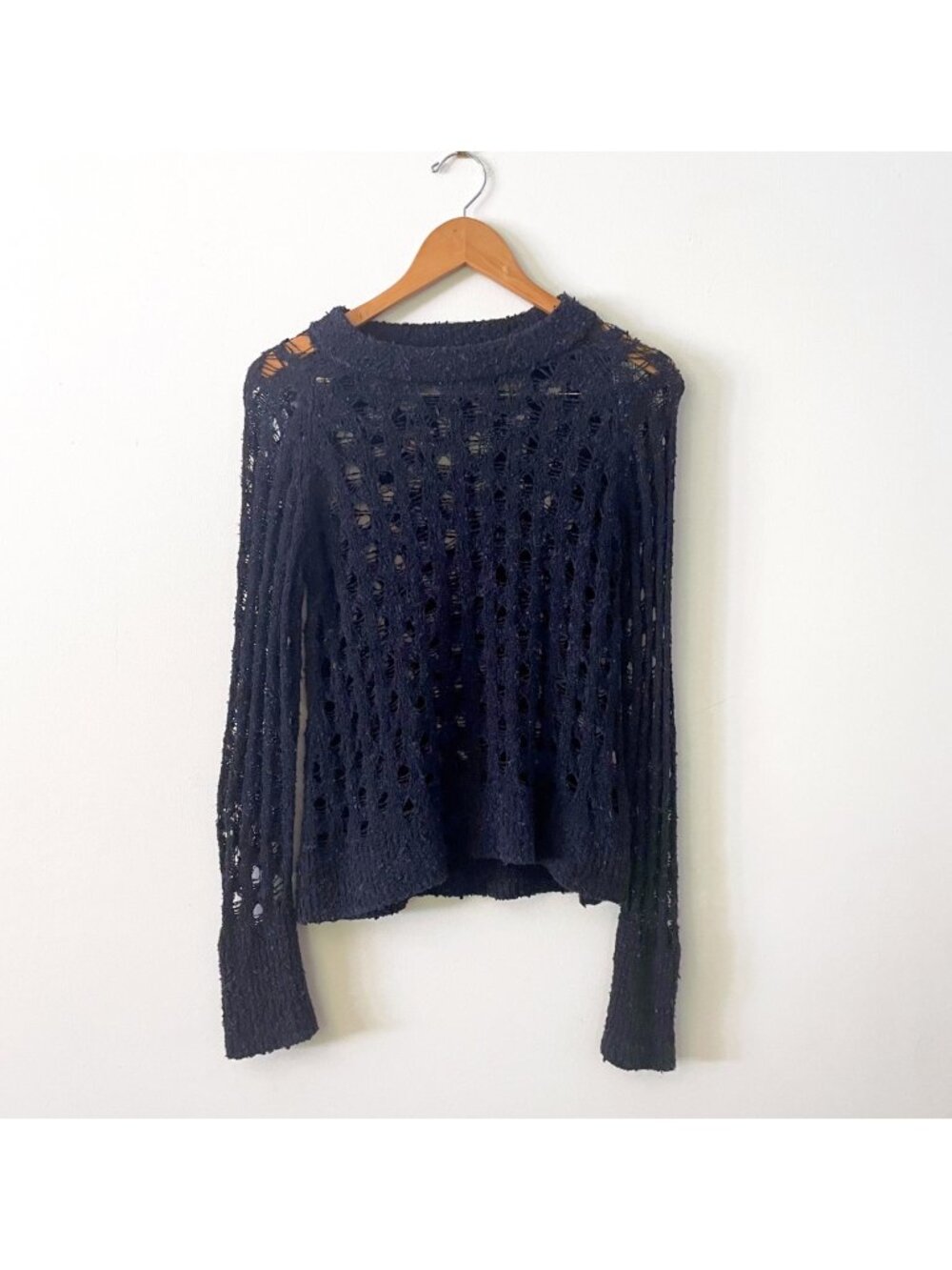 A.L.C. Navy Blue Open Knit‎ Distressed Pointelle Silk Blend Sweater, Size Medium